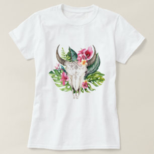 Boho-Blumen-Schädel Teal Tropischer Inselparadies  T-Shirt