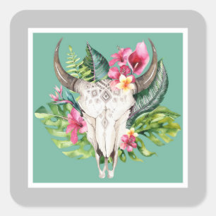 Boho-Blumen-Schädel-Teal- und Chic-Grau-Birthday-P Quadratischer Aufkleber