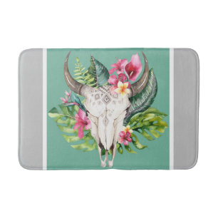 Boho-Blumen-Schädel Teal- und Chicgrau Moderne Gla Badematte