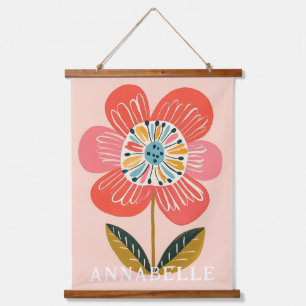 Boho-Blumen-Skandinavische-Illustration Vorname Wandteppich Mit Holzrahmen
