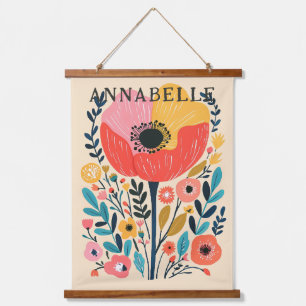 Boho-Blumen-Skandinavische-Illustration Vorname Wandteppich Mit Holzrahmen