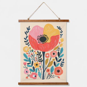 Boho-Blumen-Skandinavische süße Illustration Wandteppich Mit Holzrahmen