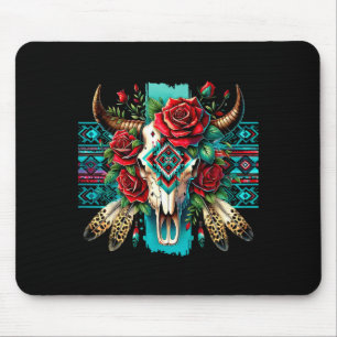 Boho-Blumen-Stierschädel-Rosen-Azteken-Cowgirl-Wes Mousepad