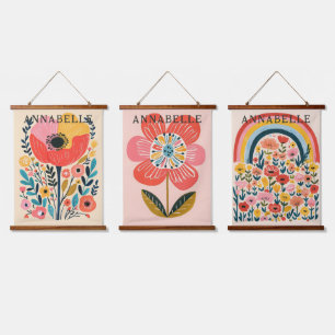 Boho Blumen Süße Illustration Vornamen Wandteppich Mit Holzrahmen