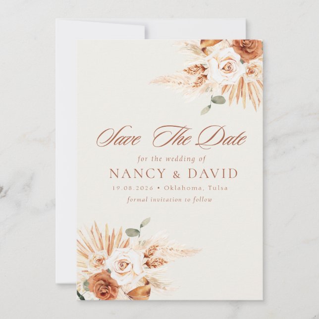 Boho-Blumen-Terrakotta-QR-Code-Hochzeit Save The Date (Vorderseite)