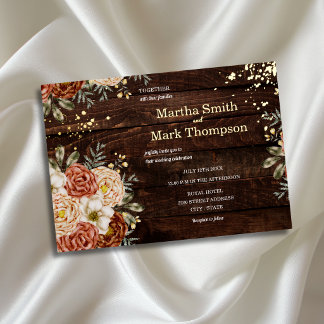 Boho-Blumen-Terrakotta-Rustikal-Holze Hochzeit Folieneinladung