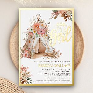 Boho-Blumen-Tribal-Tipi-Mädchen-Baby-Party Folieneinladung