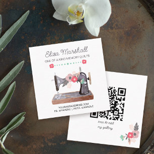 Boho-Blumen-Vintage-Nähmaschine und QR-Code Quadratische Visitenkarte
