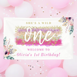 Boho-Blumen-Wild-One-Mädchen-Erstgeburtstagsfeier Banner