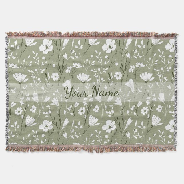 Boho-Blumen-Wildblumen-Sagegrün-Personalisiert Decke (Vorderseite)