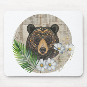 Boho-Blumenbär auf Vintage-Papier Mousepad
