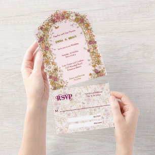 Boho-Blumenbogen romantische Hochzeit Boho Alles i All In One Einladung