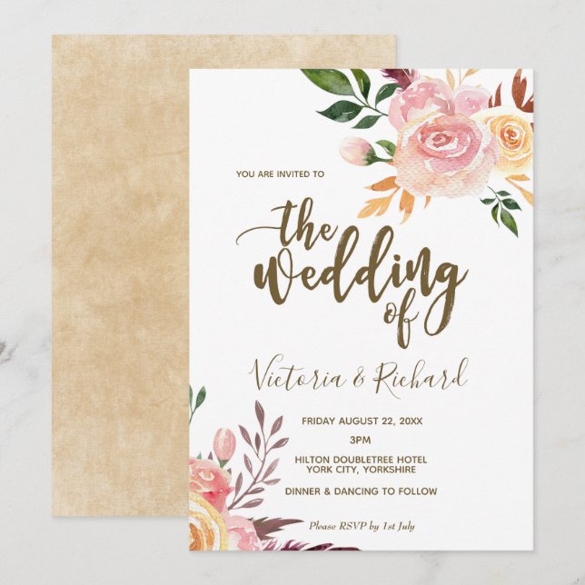 Boho Blumenfeder Moderne Hochzeitseinladung Einladung (Vorne/Hinten)