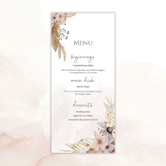 Boho-Blumenhochzeitsmenü Menükarte