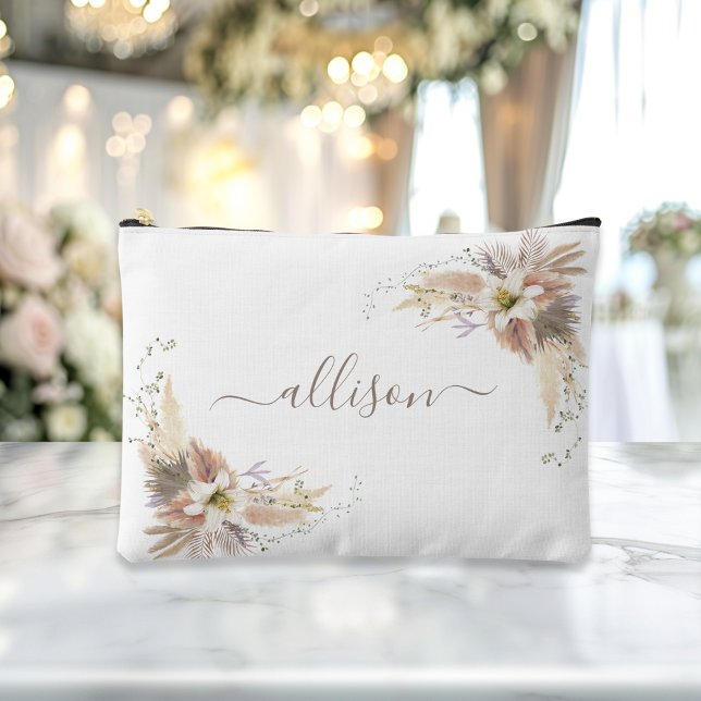 Boho, Blumenkohl, Geschenkname Zubehörtasche (Boho, floral, gift Name accessory and makeup bag showcases a sleek gray-brown script font with elega)