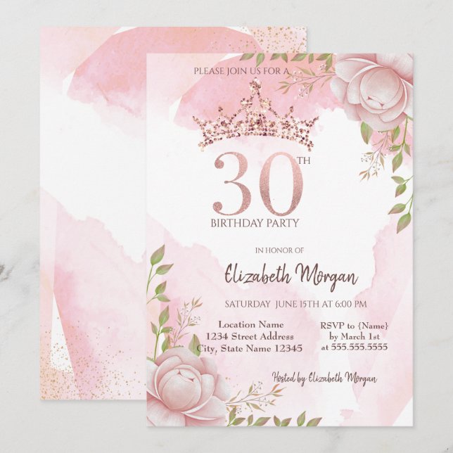 Boho Blumenkrone Wasserfarbe 30. Geburtstag  Einladung (Vorne/Hinten)