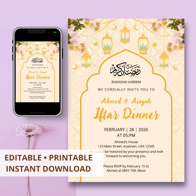Boho-Blumenlaterne Goldener Bogen Iftar-Abendessen Einladung (Von Creator hochgeladen)