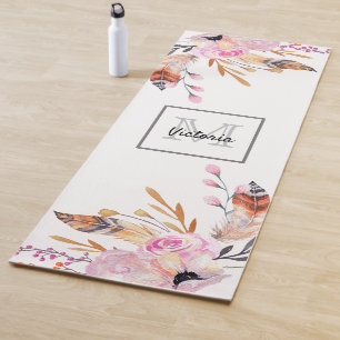 Boho-Blumenmuster Feder weiß rosa Mädchen-Monogram Yogamatte