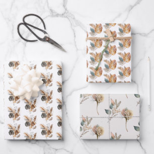 Boho-Blumenmuster mit Palmenblättern und Pampasgra Geschenkpapier Set