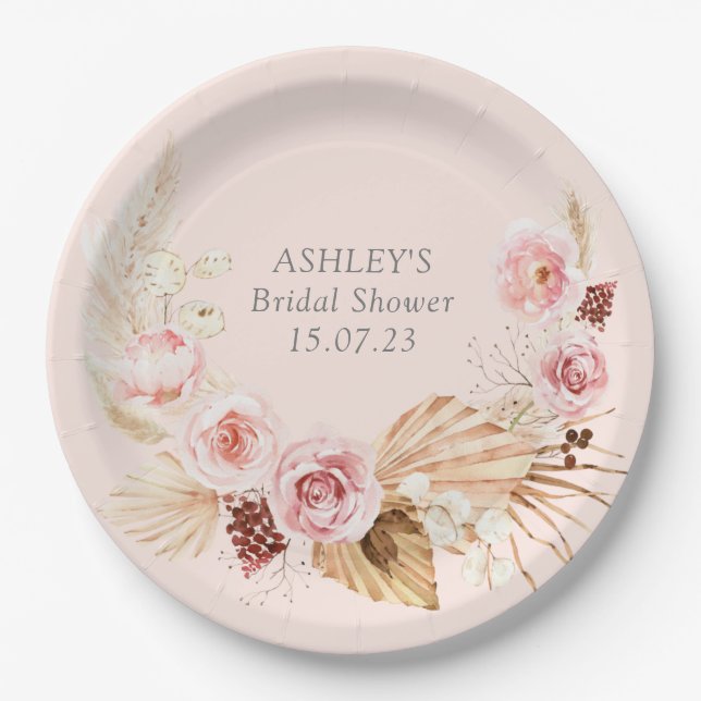 Boho Blumenpampen Rosa Brautparty Pappteller (Vorderseite)
