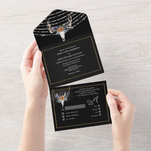 Boho blumenschwarz-orange lila Saitenleuchten eleg All In One Einladung (Abreißen)