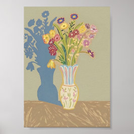 Boho-Blumenstillleben mit blauem Schatten Modern F Poster