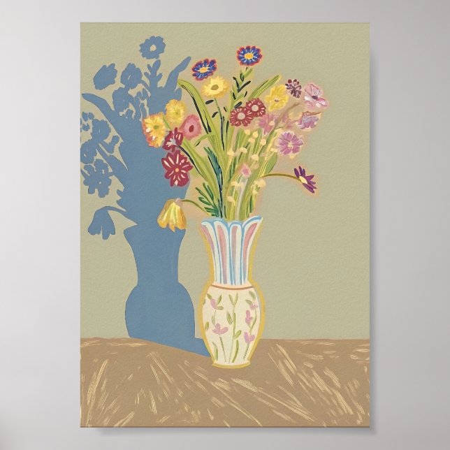 Boho-Blumenstillleben mit blauem Schatten Modern F Poster (Vorne)