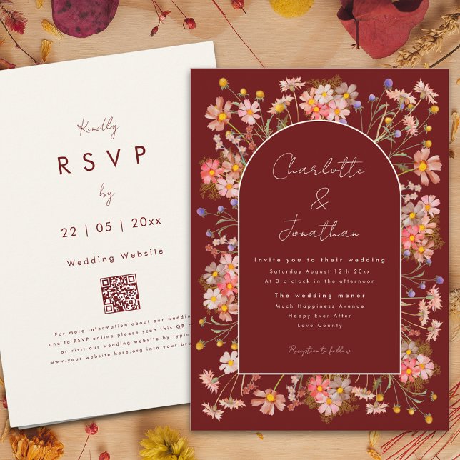 Boho Blumenstrauch Hochzeit im Herbst Terracotta a Einladung (Wildflower arch boho script burgundy terracotta fall wedding invitation with qr code)