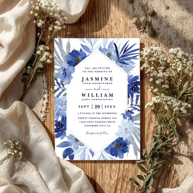 Boho-Blumenstrauß Blaue Elegante QR-Code-Hochzeit Einladung (Von Creator hochgeladen)