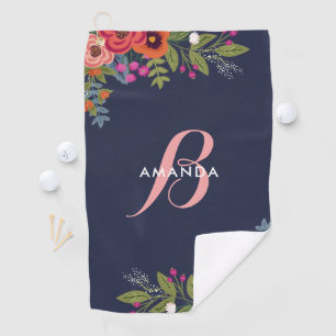 Boho Blumensträuße - Marine-Blau u. rosa Monogra Golfhandtuch
