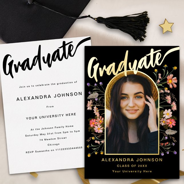 Boho Blumenstudium Foto Grad Party Script Gold Folieneinladung (Boho floral arch graduate photo black and gold foil calligraphy graduation party invitation)