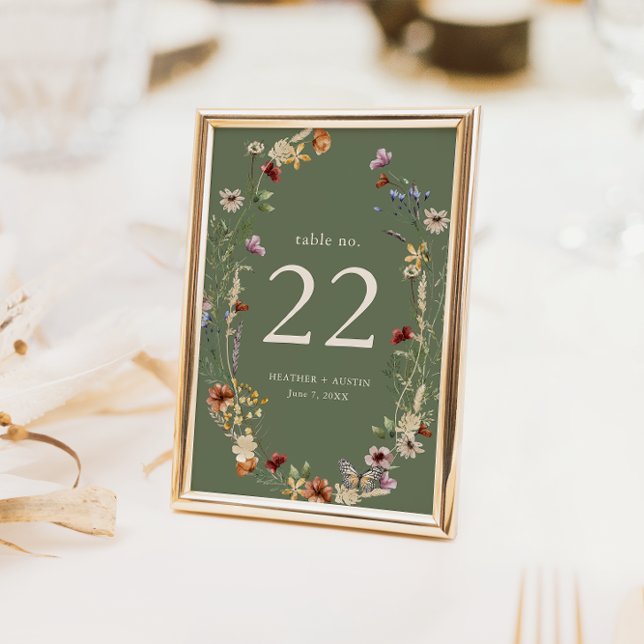 Boho-Blumentisch-Nummer Tischnummer (Sage Green Watercolor Boho Floral Table Number with Butterfly by Painted Paperie
)