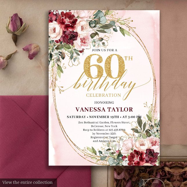 Boho Blush and Gold Burgundy 60th Birthday Card Einladung (Boho Blush and Gold Burgundy 60th Birthday Card)