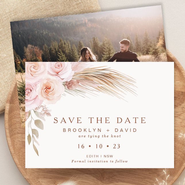 Boho Blush Bloral Wedding Save the Date Card Einladung (Boho Floral Wedding Save The Date Card Template, Bohemian Floral Save The Date With Photo, Pampas )