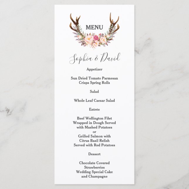 Boho Blush Blume Antlers Wedding Menu Menükarte (Vorderseite)