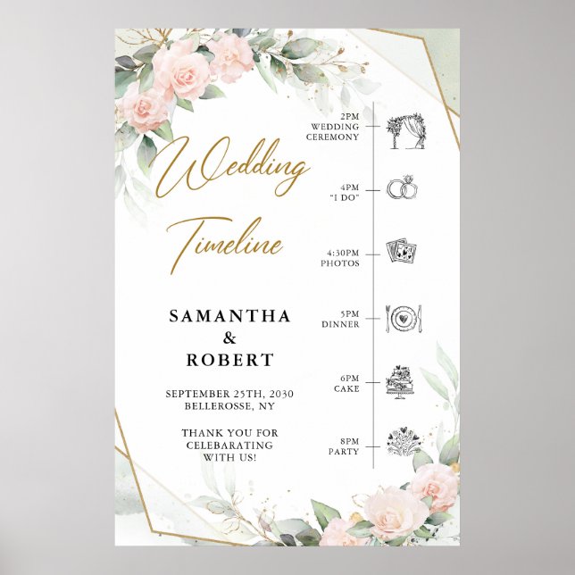Boho blush Blume Eukalyptus Hochzeit Timeline Poster (Vorne)