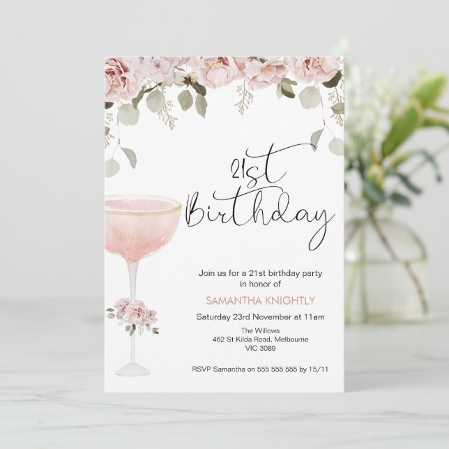 Boho Blush Blumenglas 21. Geburtstag Einladung (Stehend Vorderseite)