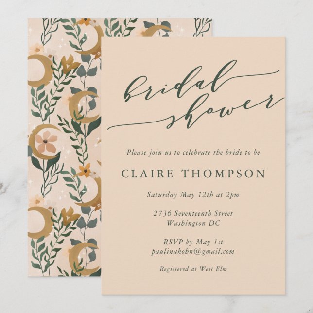Boho-Blush-Botanical-Mond-Script-Brautjungfernpart Einladung (Vorne/Hinten)