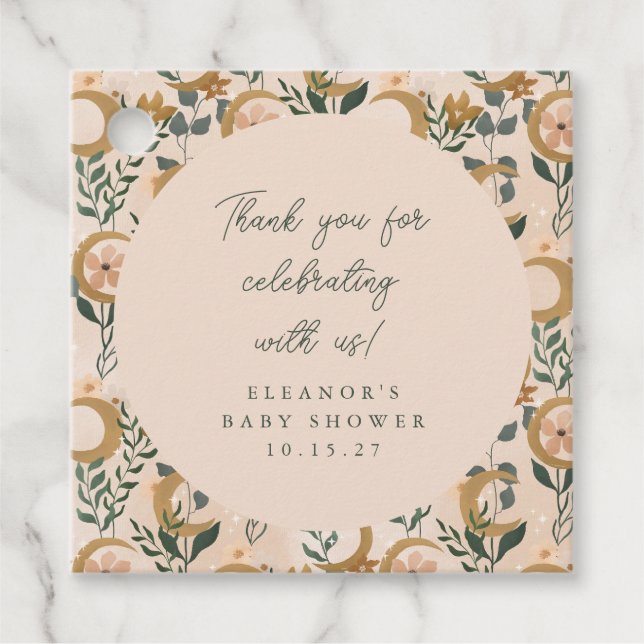 Boho Blush Botanical Moon Custom Baby Dusche Danke Geschenkanhänger (Vorderseite)