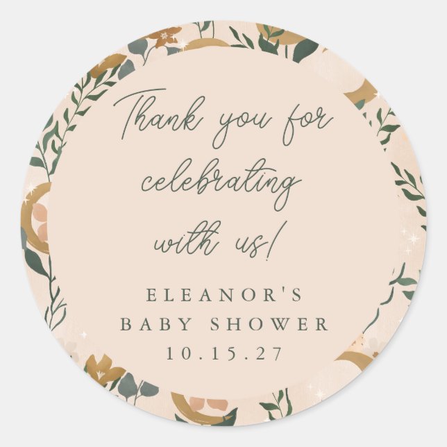Boho Blush Botanical Moon Custom Baby Dusche Danke Runder Aufkleber (Vorderseite)