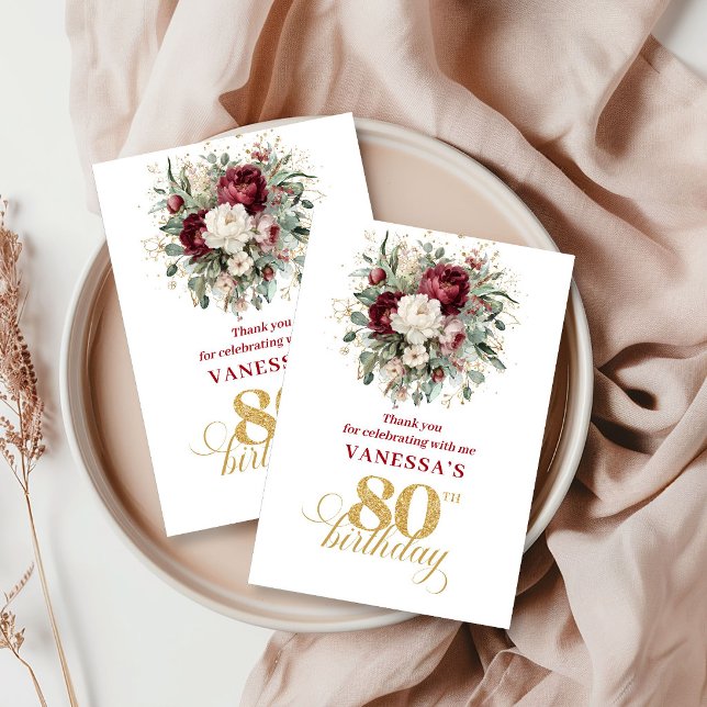 Boho Blush Burgund 80. Geburtstag Danke Karte (Boho Blush Burgundy 80th Birthday Thank You Card)
