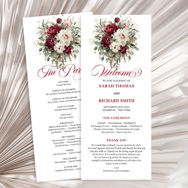 Boho-Blush-Burgunder-Gold-Hochzeitsprogramm Lang Programm (Boho Blush Burgundy Gold Wedding Program Card)