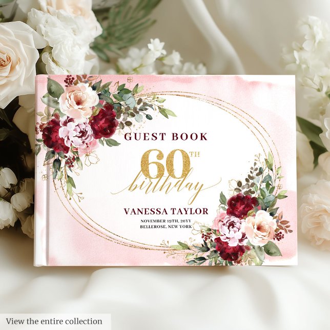 Boho Blush Burgunder Gold Rosen 60. Gästebuch (Boho Blush Burgundy Gold Roses 60th Guest Book)
