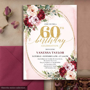 Boho Blush Burgunder Gold Rosen 60. Geburtstag Einladung