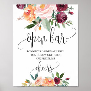 Boho Blush burgunderrote Blumenbar Öffnungsschild Poster