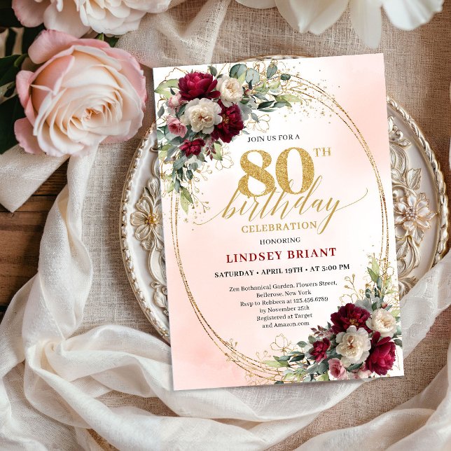 Boho Blush Burgundy Floral 80th Birthday Invite Einladung (Boho Blush Burgundy Floral 80th Birthday Invitation)