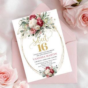 Boho Blush Burgundy Gold Rosen Sweet 16 Einladung