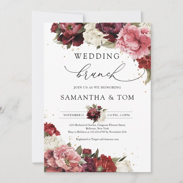 Boho Blush burgundy mauve peonies Hochzeitsbrunch Einladung (Vorderseite)