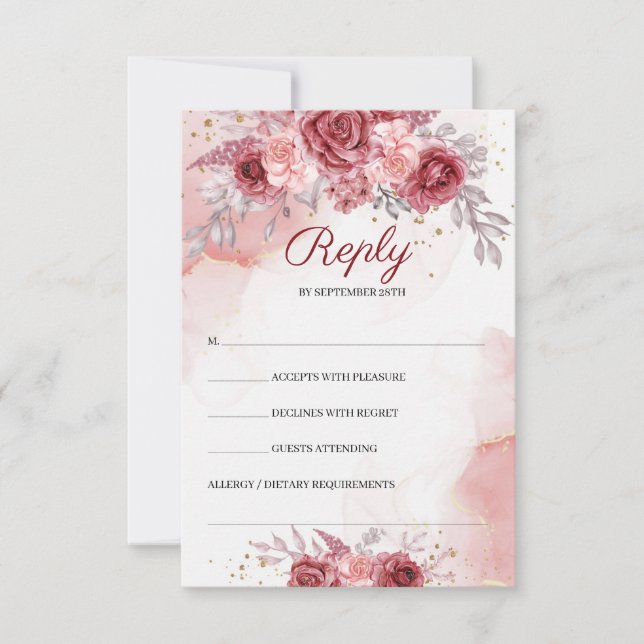 Boho Blush Burgundy Rose Blume Gold Wedding RSVP Karte (Vorderseite)