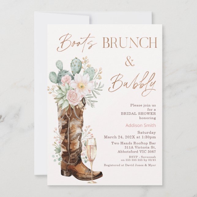 Boho Blush Cacti Boots Brunch Bubbly Brautparty Einladung (Vorderseite)